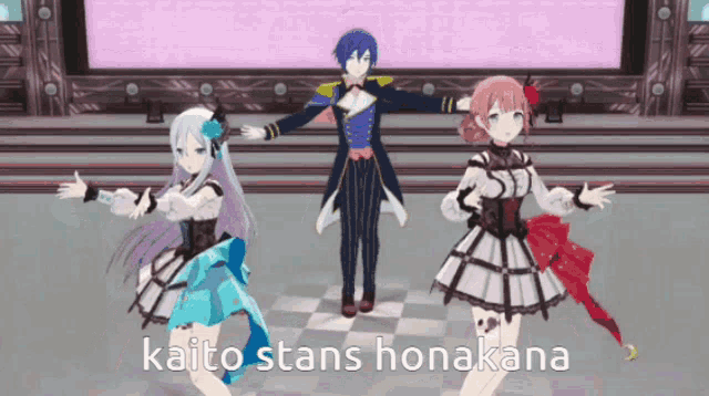 a group of anime characters are dancing on a stage with the words kaito stans honanana on the bottom
