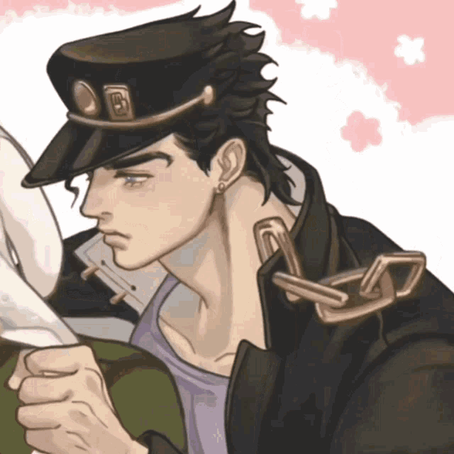 a drawing of a man wearing a black hat with the letter b on it