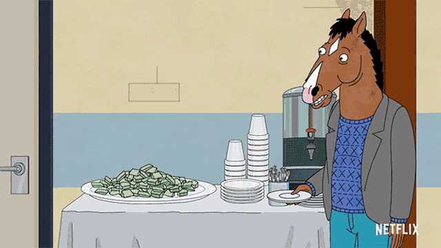 a cartoon of a horse standing next to a table with netflix written on the bottom right