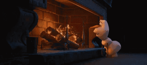 a snowman is standing in front of a fireplace looking at it