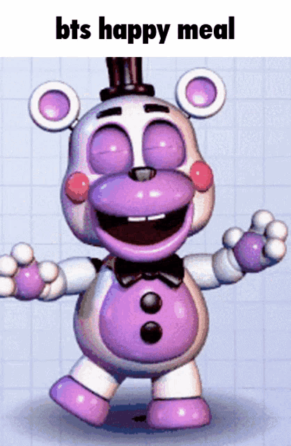 five nights at freddy 's is a video game that shows a purple and white bear with a top hat and bow tie
