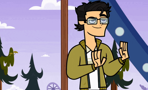 a cartoon of a man wearing glasses and a jacket with the letter l on his hand