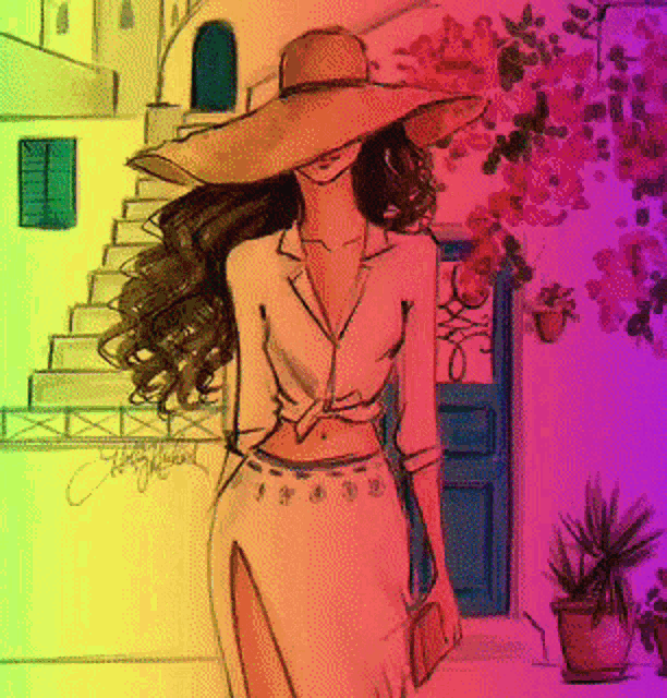 a colorful drawing of a woman wearing a hat and a white shirt