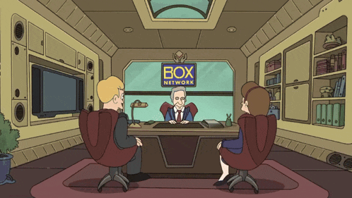 a cartoon of a man sitting at a desk with a box network sign above him