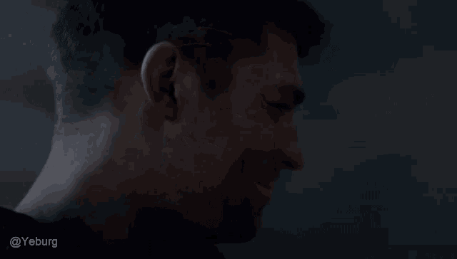a close up of a man 's face with the words yeburg at the bottom right