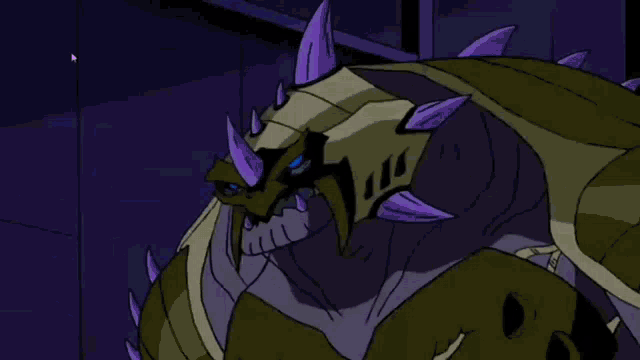 a cartoon character with purple spikes and a purple flame