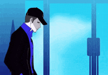 a man wearing a black hat and a blue shirt is standing in front of a glass door