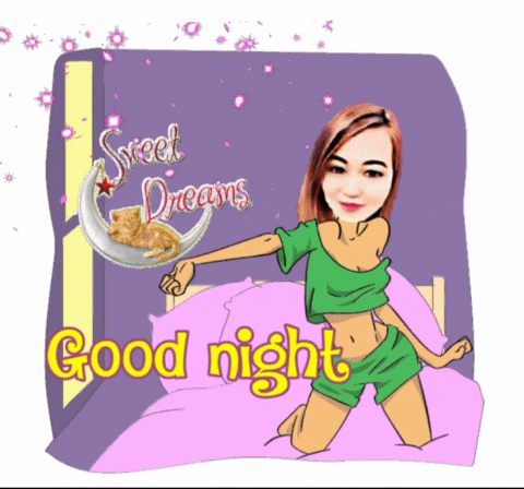 a cartoon of a woman kneeling on a bed with the words " good night " on the bottom