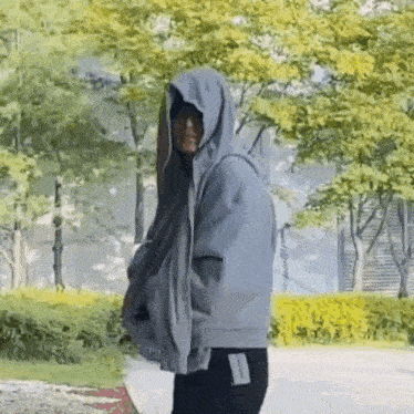 a man wearing a grey hoodie is standing in a park .
