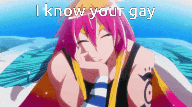 a picture of a girl with pink hair and the words i know your gay