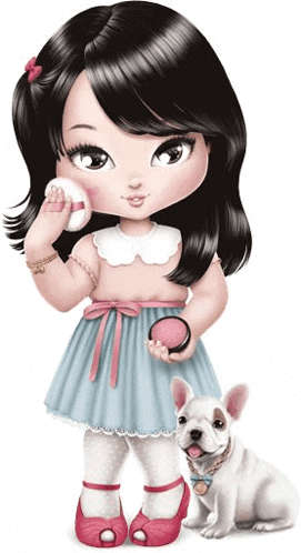 a little girl is applying powder to her face next to a small dog