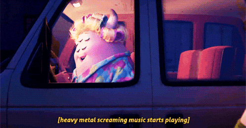 a cartoon character says heavy metal screaming music starts playing in a van