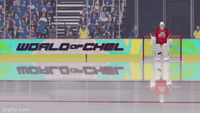 a hockey goalie stands on the ice in front of a sign that says world of chel
