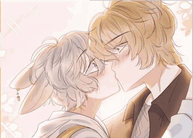 a drawing of two anime characters kissing with bunny ears