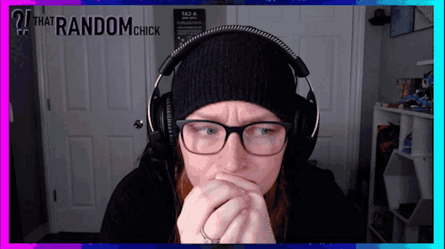 a woman wearing headphones and a beanie with the words that random chick in the background