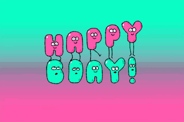 a cartoon drawing of balloons that say happy birthday