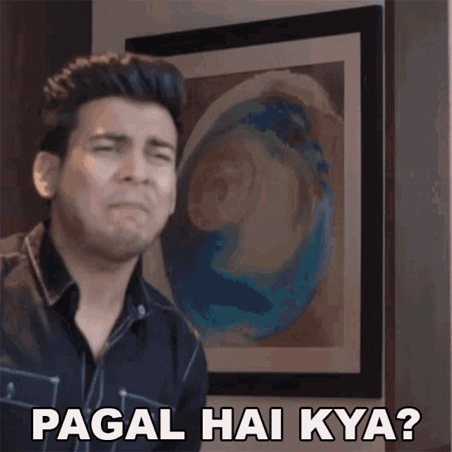 a man in front of a framed picture says " pagal hai kya "