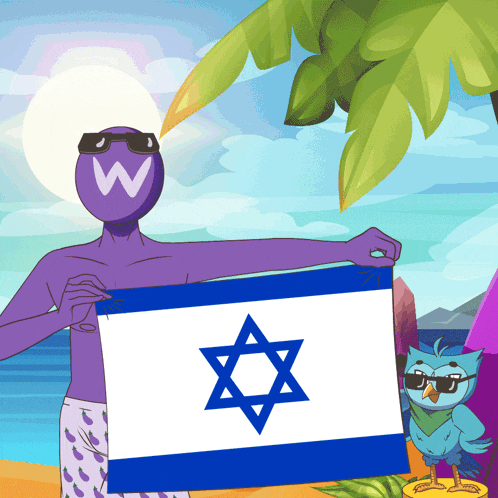 a cartoon character holding a flag with a star of david