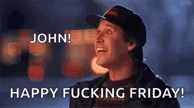 a man in a baseball cap is smiling and saying `` happy fucking friday ! ''