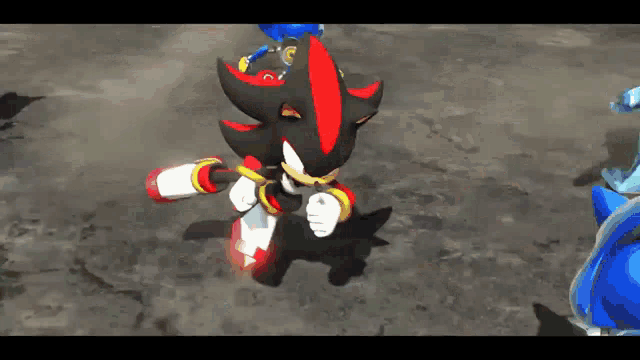 shadow the hedgehog from the video game sonic the hedgehog is standing in the dirt