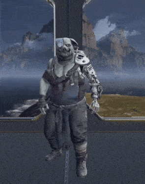 a video game character with a pig 's head and a robotic arm