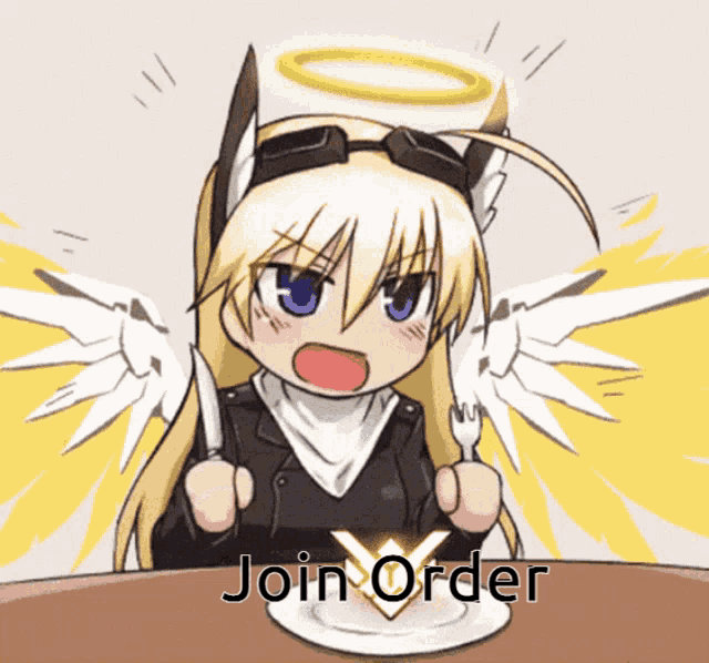 a girl with angel wings is sitting at a table with the words join order written below her