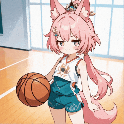 a girl with pink hair is holding a basketball in her hand