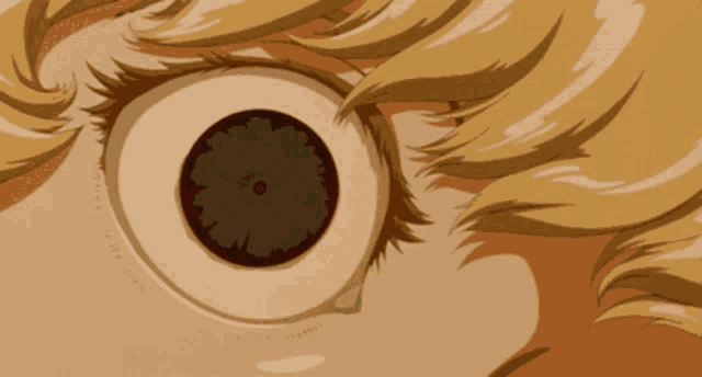 a close up of a cartoon character 's eye with a dark pupil
