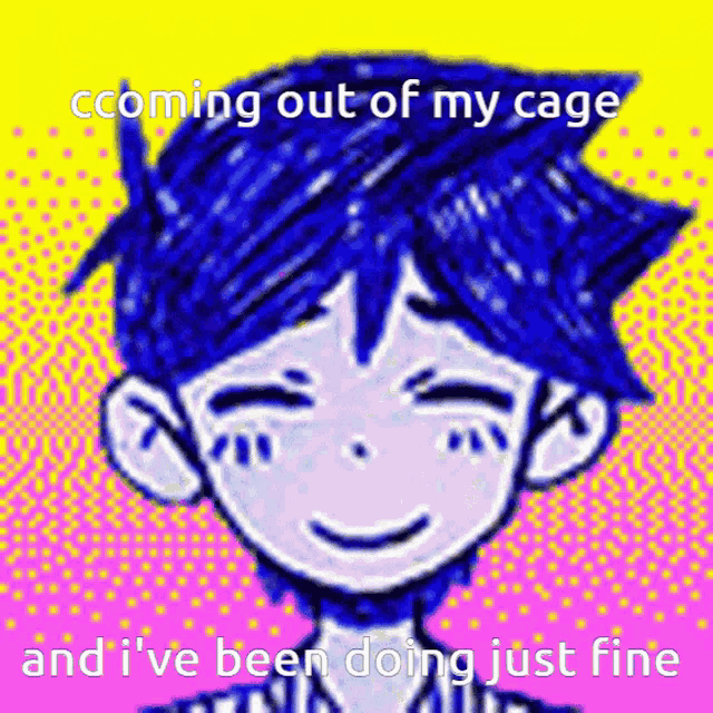 a drawing of a boy with blue hair and the words coming out of my cage and i 've been doing