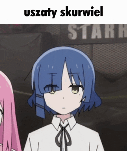 a girl with blue hair is standing in front of a sign that says stari