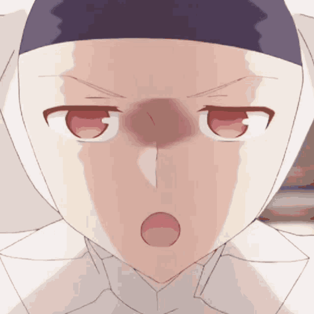 a close up of a anime character 's face with a surprised look on her face