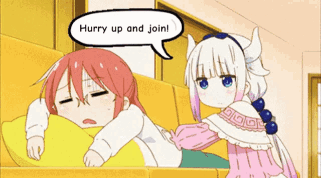 a cartoon character says hurry up and join next to another character