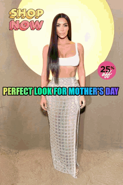 a woman in a white crop top and sheer skirt stands in front of a sign that says shop now