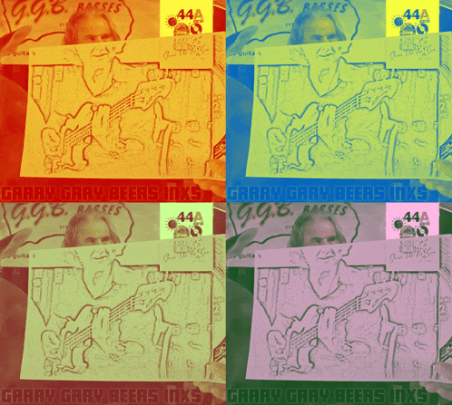 four different colored drawings of a man holding a guitar and the words " granny gary beers mixs " on the bottom