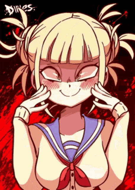 a drawing of a girl with blonde hair and the word dings on the bottom right