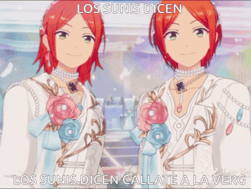 two anime girls holding a plate with a piece of cake and the words los sunis dicen below them