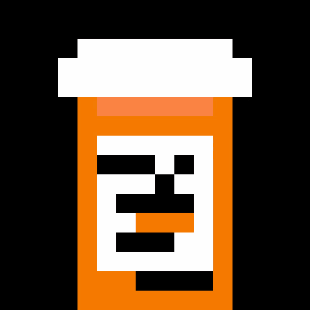 a pixel art illustration of a bottle of pills with a face on it .