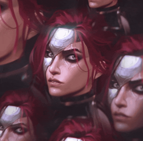 a painting of a woman with red hair surrounded by other women