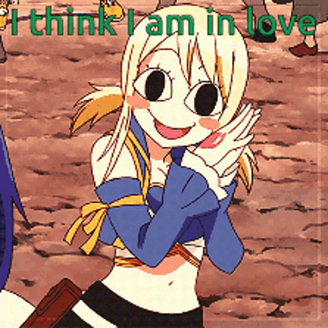 a picture of a girl with the words " i think i am in love " on the bottom