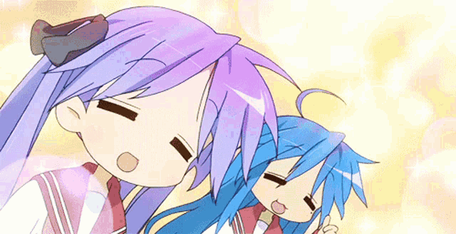 two anime girls with purple hair and blue eyes are standing next to each other with their eyes closed