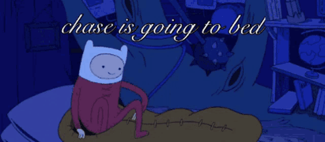 a cartoon character is laying in a bed with the words chase is going to bed above him