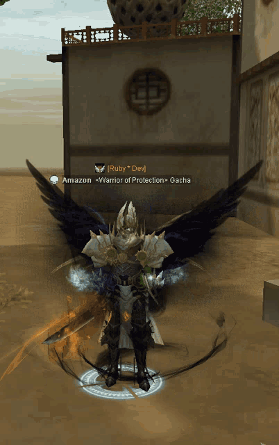 a video game character named warrior of protection gacha is standing in front of a building