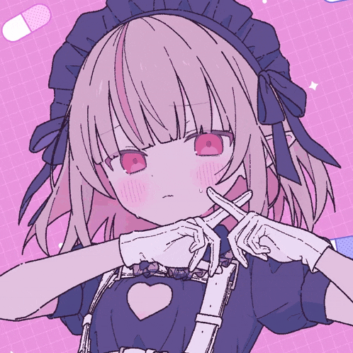 a girl with pink hair and red eyes is making a thumbs down sign