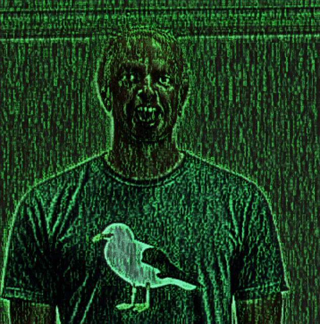 a man in a green shirt with a seagull on it