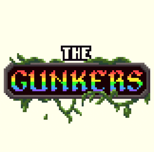 a pixel art logo for the gunkers with a rainbow of colors
