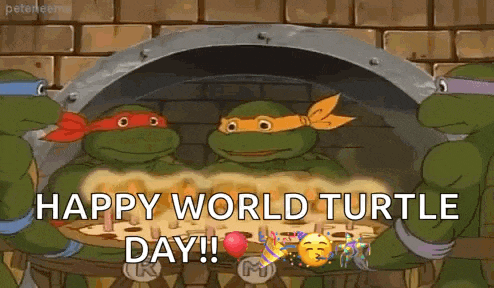 a group of teenage mutant ninja turtles are sitting around a pizza and eating it .