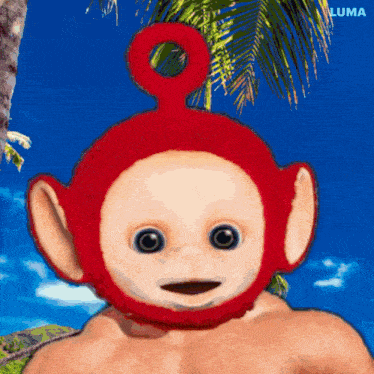 a picture of a teletubbies character with a blue sky behind him
