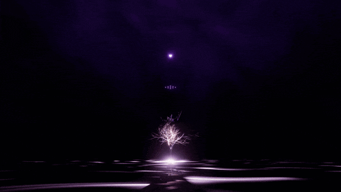 a tree in the middle of a dark purple sky