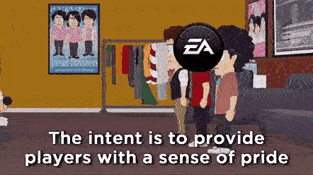 a cartoon of a man with an ea logo on his head