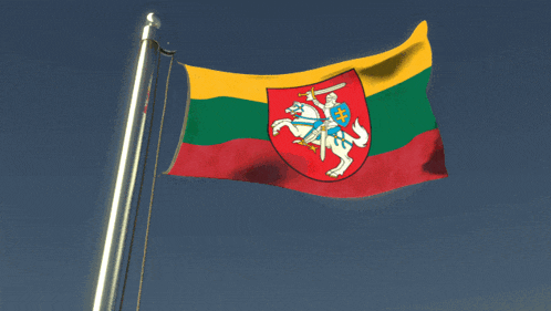 a flag with a man on a horse holding a sword is waving in the wind